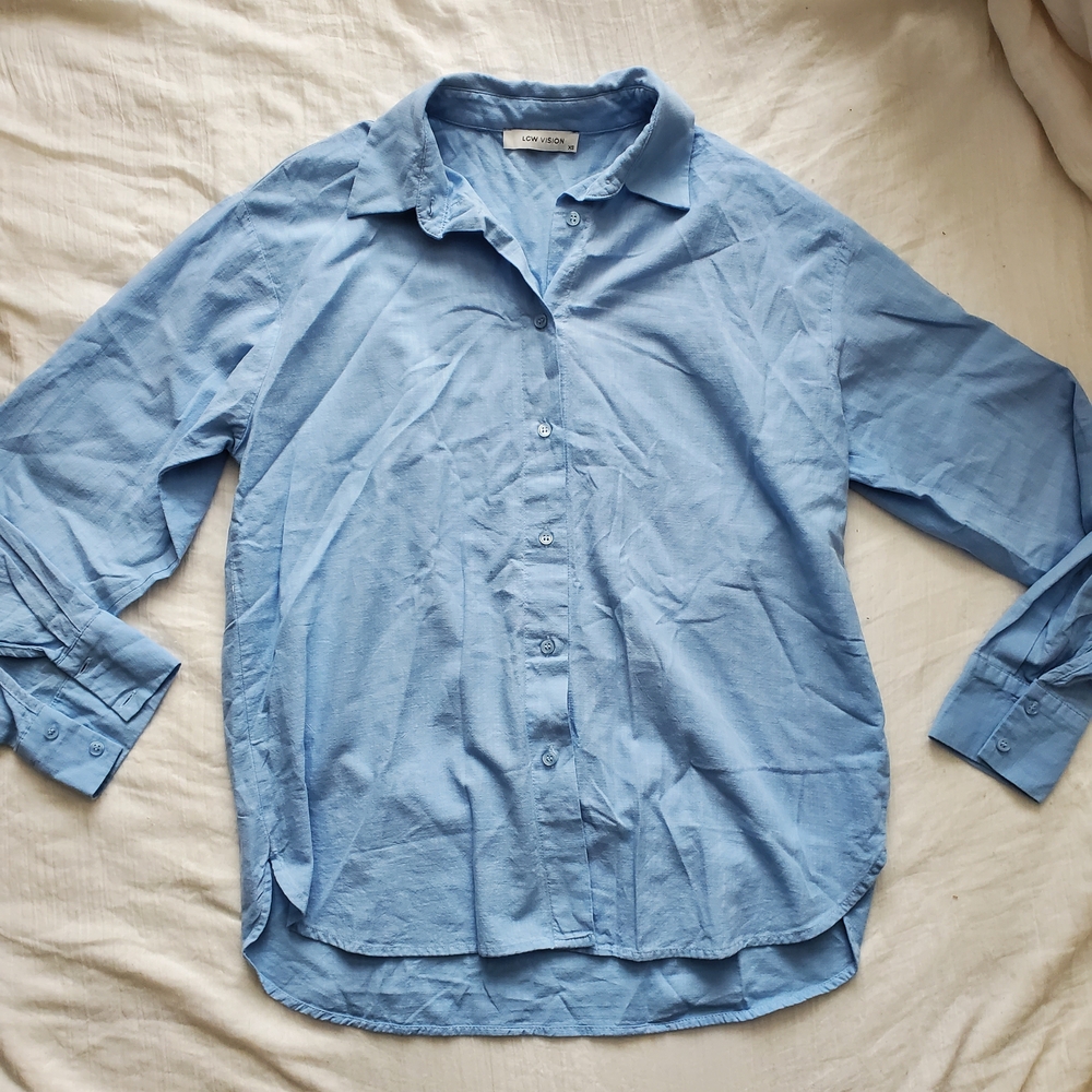 Women's Light Blue Button-Up Shirt 100% Cotton Size XS
